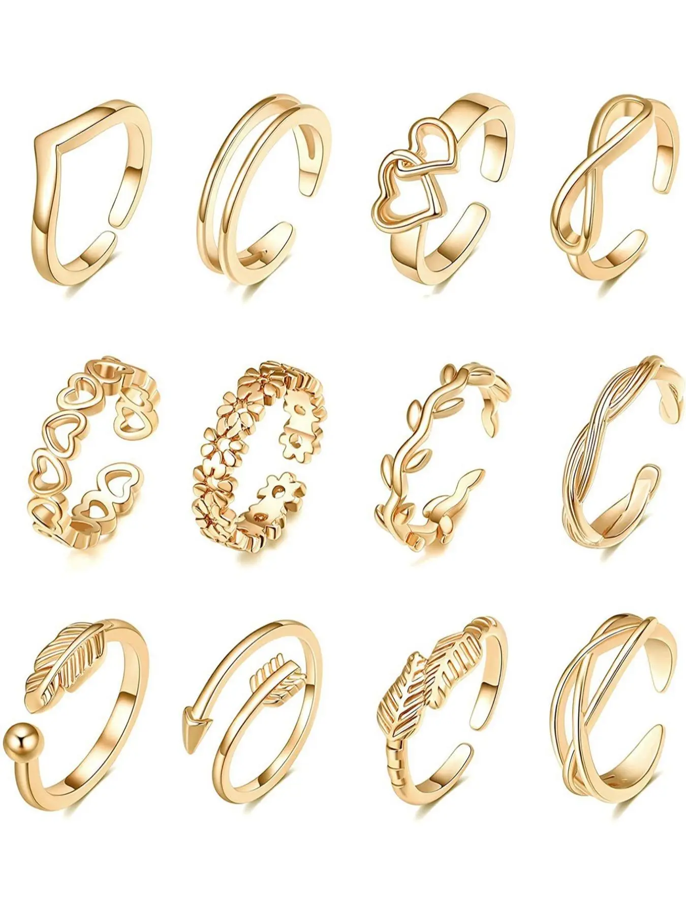 Women's Hollow Out Flower & Heart & Leaf Design Open Toe Ring Set, Stackable Rings, Stackable Finger Rings, Adjustable Ring for Women & Girls, Jewelry for Birthday Gift, Dainty Stacking Rings, Beautiful Rings