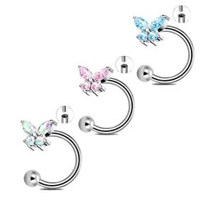 HERVAY 16G/10MM Hypoallergenic Titanium Lips Ring - Silver/Pink/Blue Simple Design - Butterfly Charms - Unisex Fashionable Punk Piercing Jewelry