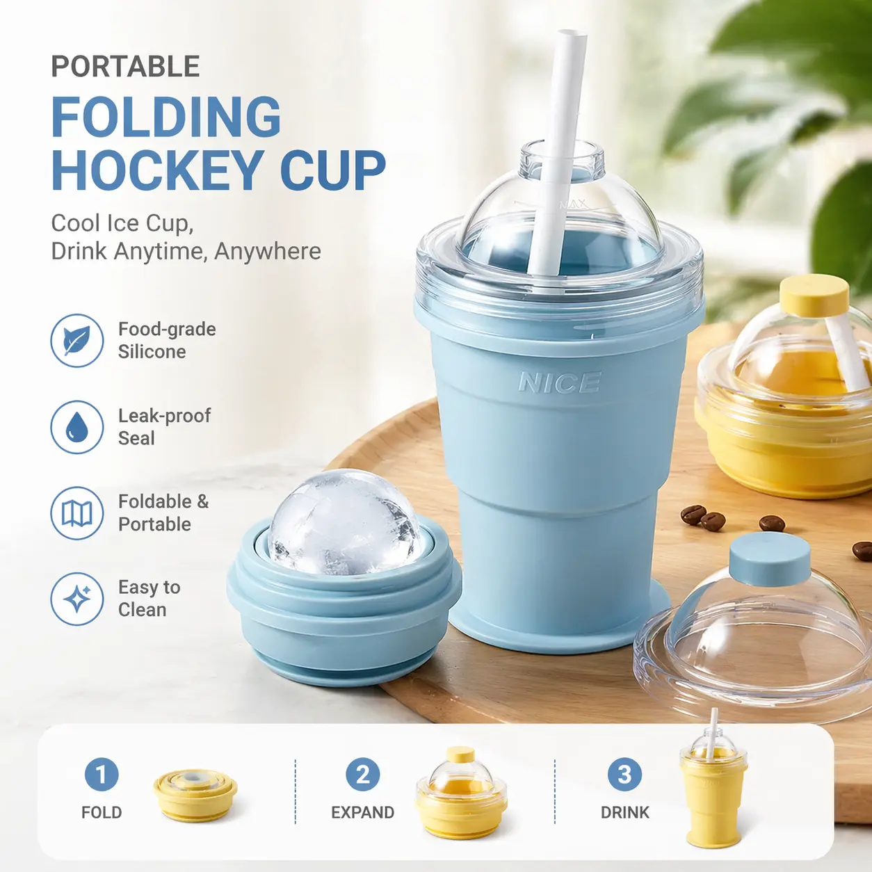 Food-Grade Silicone Portable Foldable Ice Cup, Leakproof Lightweight Travel Mug with Reusable Straw, Leak Proof Drinkware, Travel Bottled Drinkware, Easy to Clean for Outdoor Camping, Beach