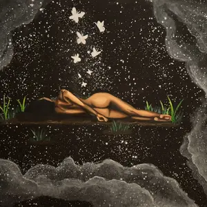 “Let it Hurt, Let it Go” 30x40 Mixed Media Original Painting. Woman lays in a vulnerable state, nude. Letting the pain shed from her, morphing into ghostly butterflies. she heals as she lets go, blooming greenery around the soil she lays in.