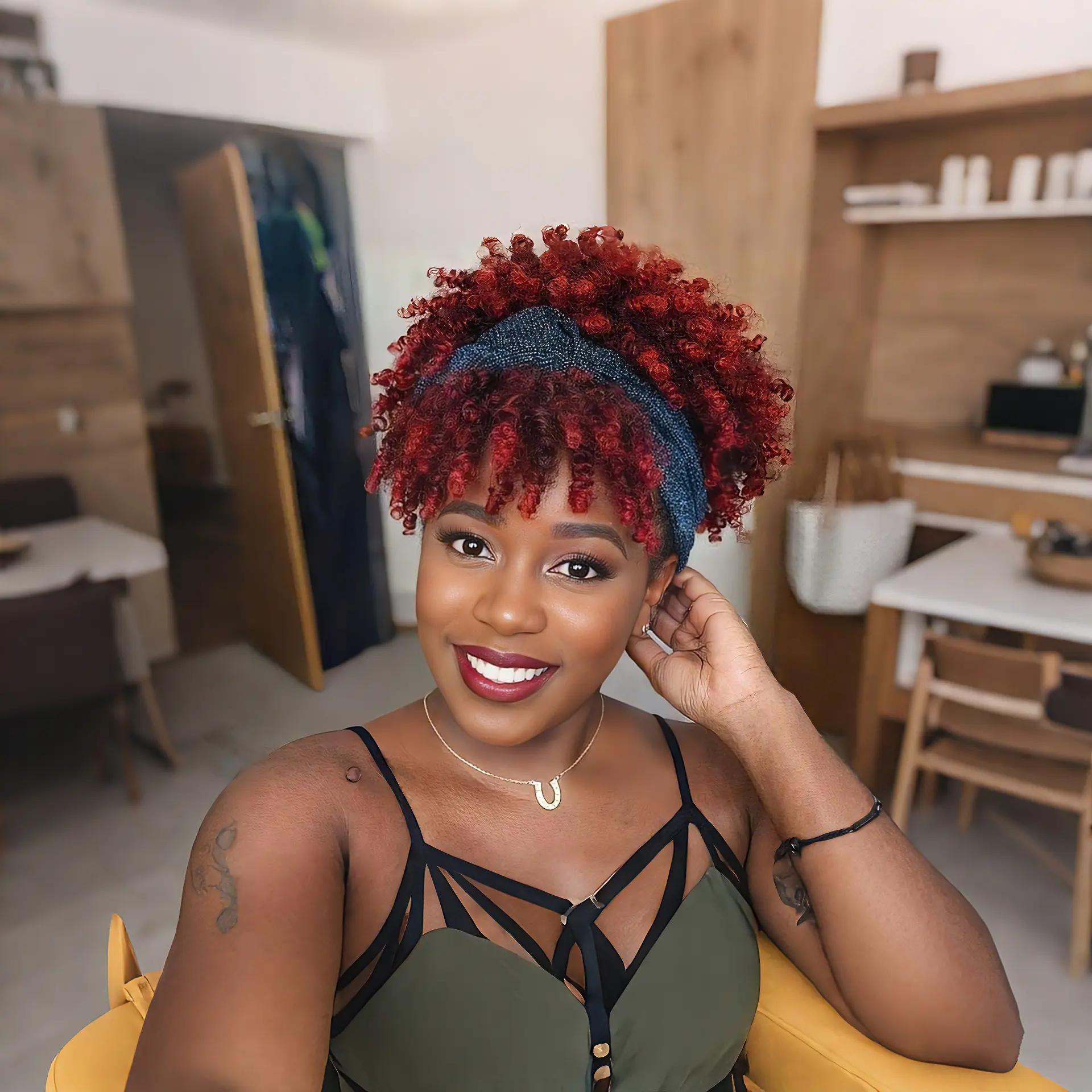 Headband Wig Afro Kinky Headband Wig with Bangs for Women Black Head Wrap Strap 2 in 1 for Women Curly Full Scarf Wigs Synthetic Short Afro Kinky Afro High Puff Wig Daily Use
