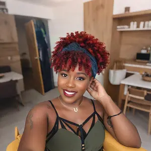 Headband Wig Afro Kinky Headband Wig with Bangs for Women Black Head Wrap Strap 2 in 1 for Women Curly Full Scarf Wigs 8inch Synthetic Short Afro Kinky Afro High Puff Wig Daily Use