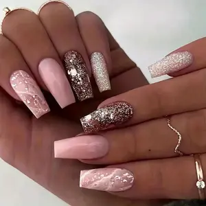 24pcs Medium Pink Fake Nails, Marble Print Press On Nails With Golden Silver Glitter Design, Glossy Full Cover Coffin Ballet False Nails For Women And Girls