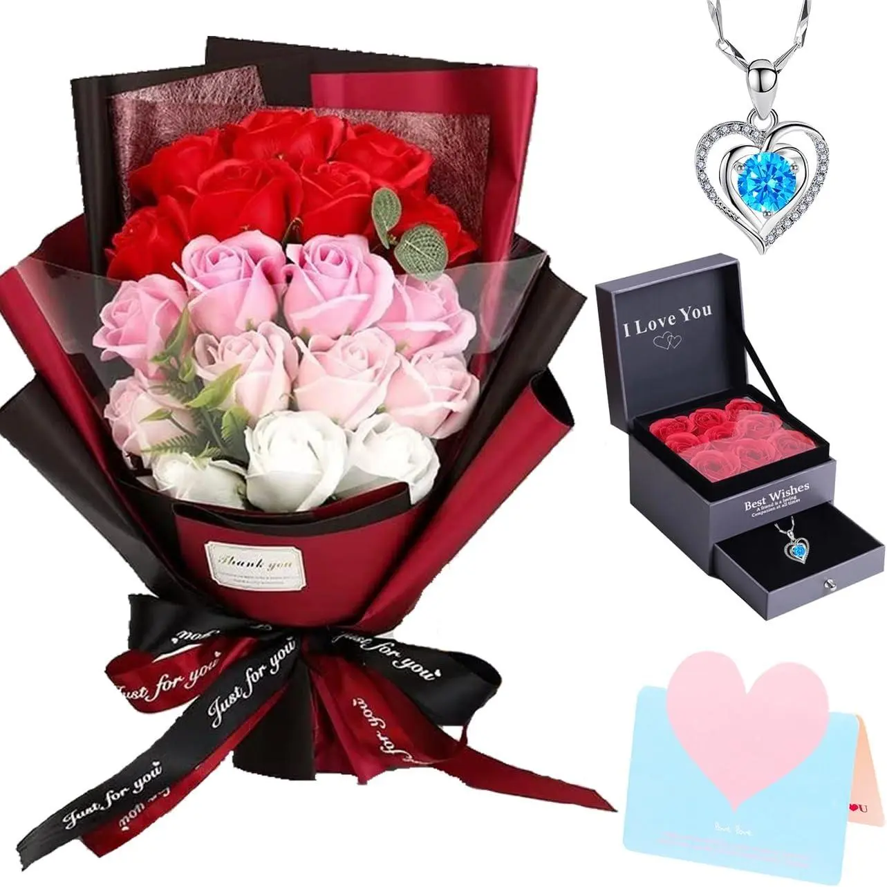 Artificial Roses Bouquet & Preserved Red Rose Flower Necklace - Bags & Gifts for Female Adults, Mother's Day & Grandma Gifting Occasions