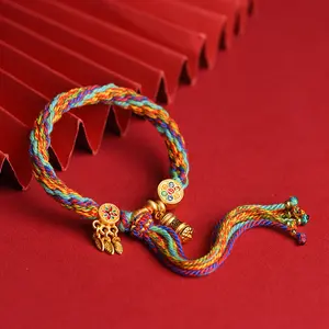 Tibetan Style Colorful Braided Sports Wristband, Prayer Wheel Charm Woven Cord, Ethnic Lucky Adjustable Stylish Accessories for Women