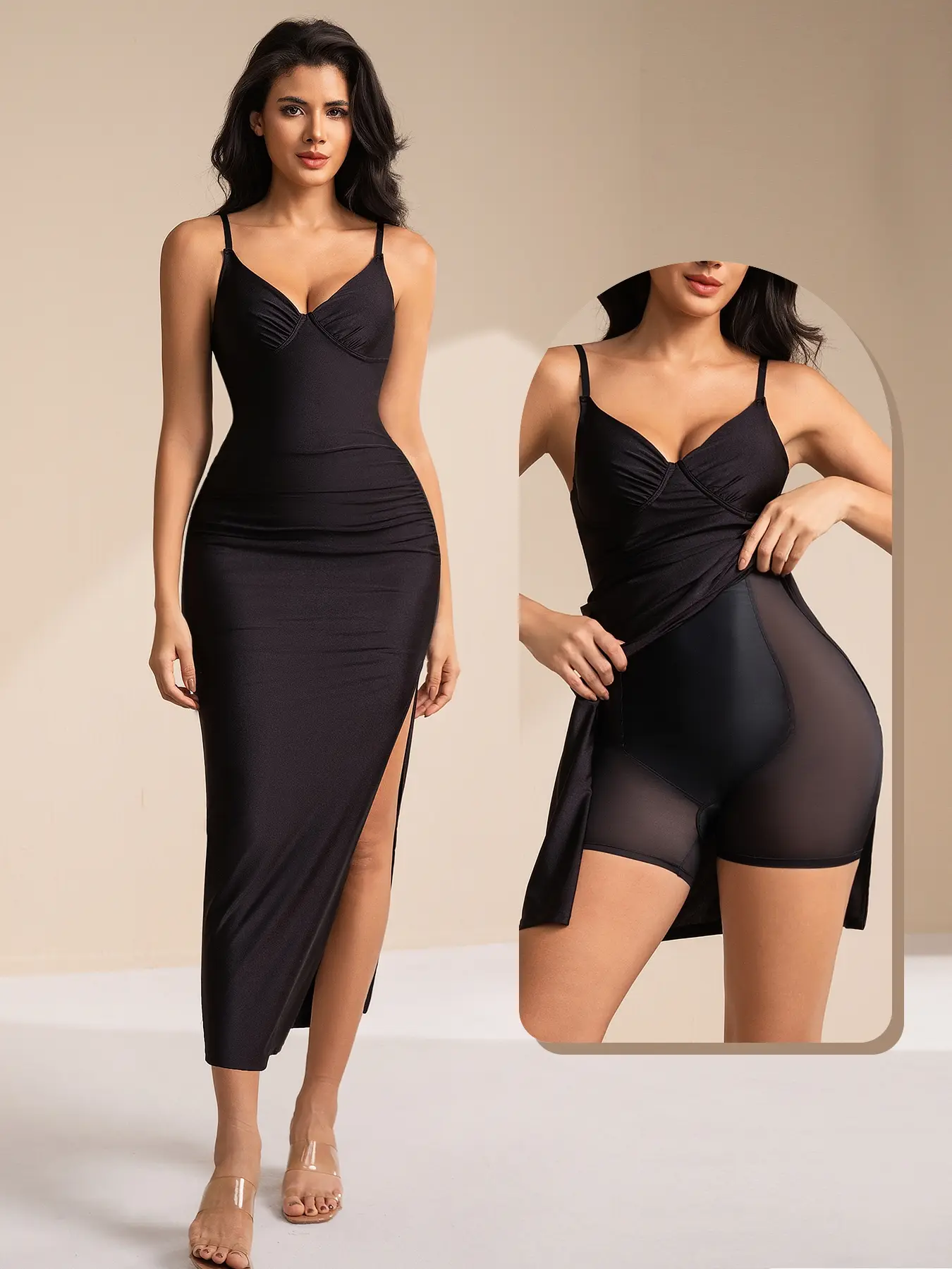 Elegant Chic Formal Wear Elegant Formal Style Knit Spaghetti Strap Body Shaping Dress with Built-In Corset, Invisible Belly Control & Hip Lifting, Mid-Length Split Design for Slim Look Elegant Evening Wear Womenswear