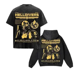 Helldivers 2 'The Galaxy's Last Line of Offence' on Steam Oversize Unisex Washed Hoodie & T-Shirt, Double Printed Streetwear Game Merch Gift For Fan