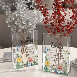 1pc Modern Bohemian Clear Acrylic Book Vase with Floral Gouache Art Inspirational Quote Rectangular Decorative Vase with Pastel Pink Tulips Green Foliage White Flowers for Home Office Desk Bookshelf Decor Uplifting Gift for Women Girls
