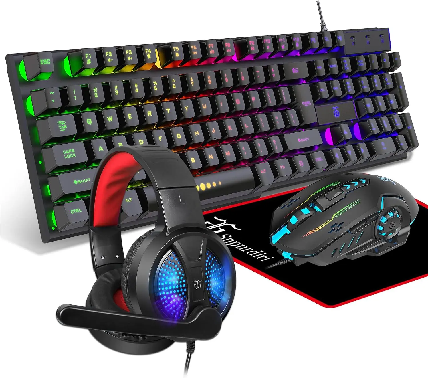 RGB Backlit Gaming Keyboard Mouse Headset & Mouse Pad Combo, All-in-One Gaming Bundle for PC Gamers, Compatible with Xbox & PS4