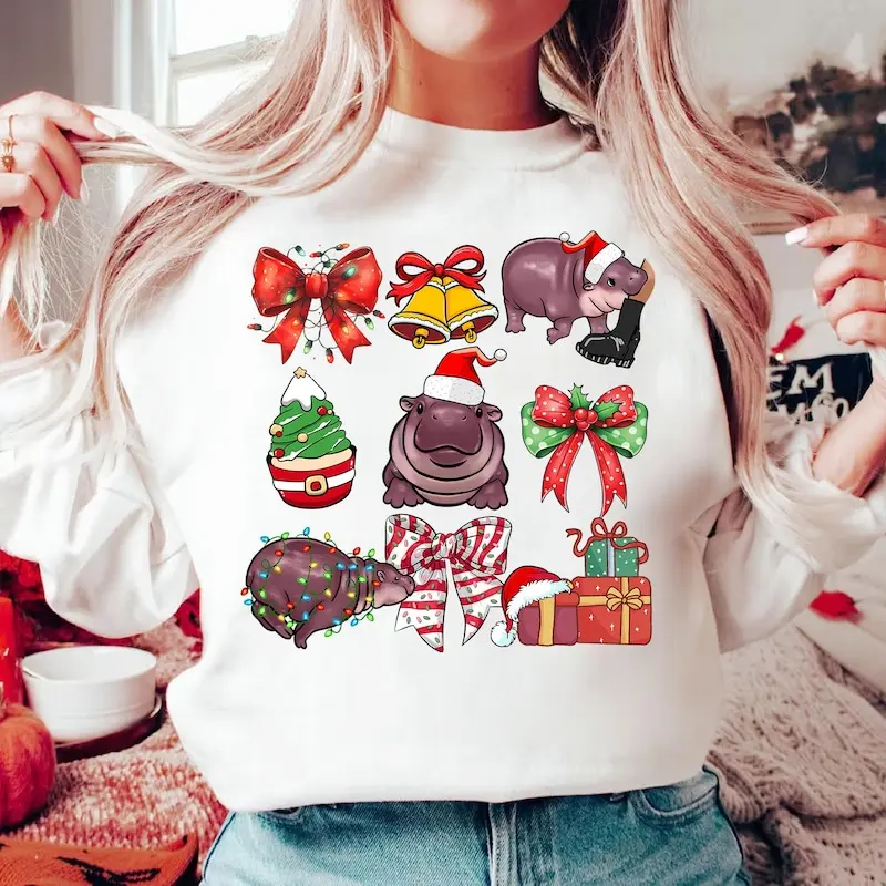 Coquette Bow Moo Deng Christmas Shirt, Funny Moo Deng Shirt, Moo Deng Baby Hippo Shirt, Moo-Deng Lover Tee, Moo-Deng Tee, Hippo Lover Tee MN0