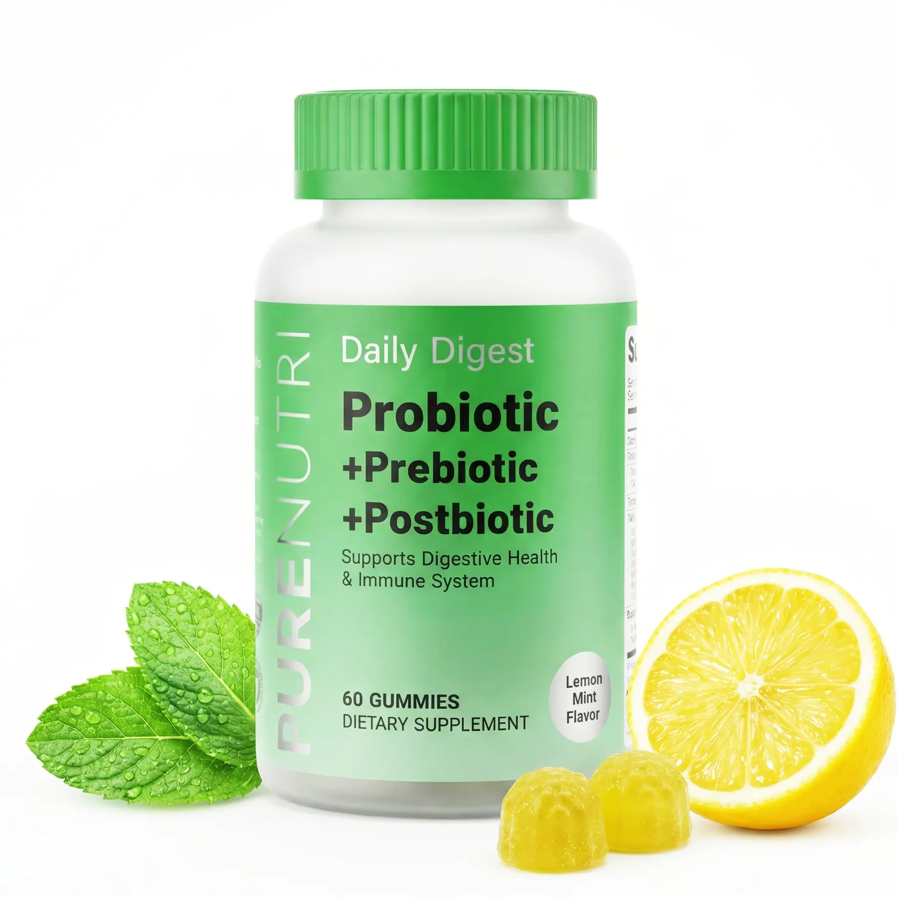 PURENUTRI 3-in-1 Chewable Sugar-Free Gluten-Free Dietary Gummy Supplement - 15-Strain Gut Health Probiotics, Prebiotics, Postbiotics for Bloating Relief, Digestion & Gut Support, Vegan Non-GMO Lemon Mint, 60 Count