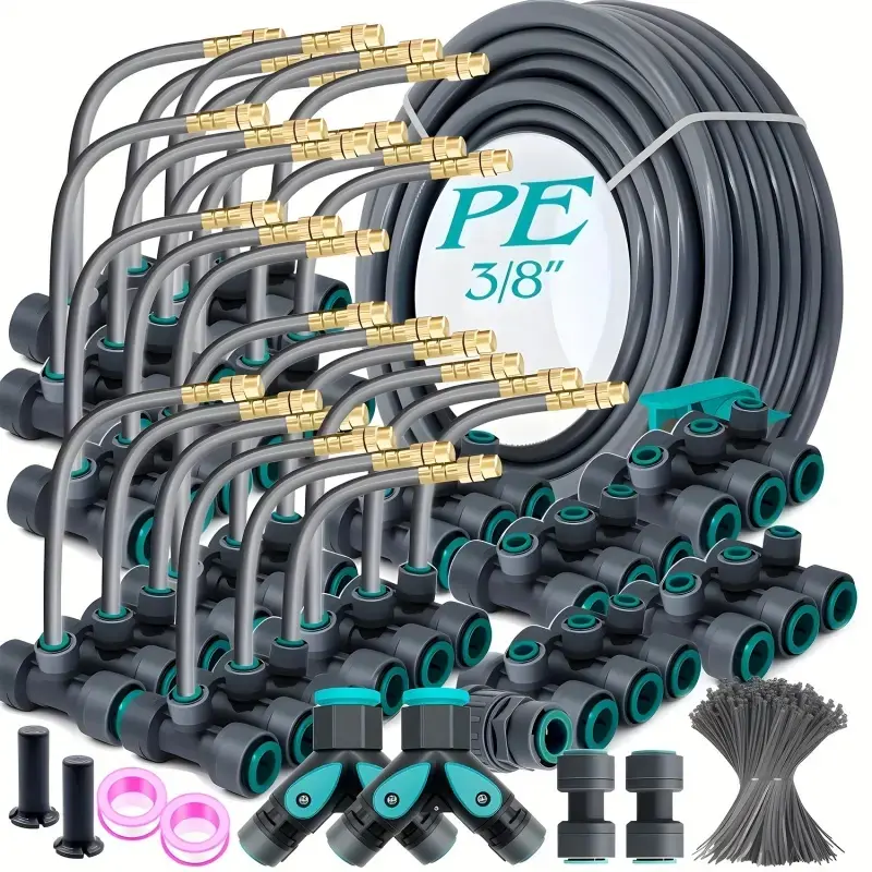 Flexible Copper Adjustable Spray Kit Gray 3/8" PE Hose Quick Connect Atomizing Cooling Dust Removal Watering System Suitable for Garden