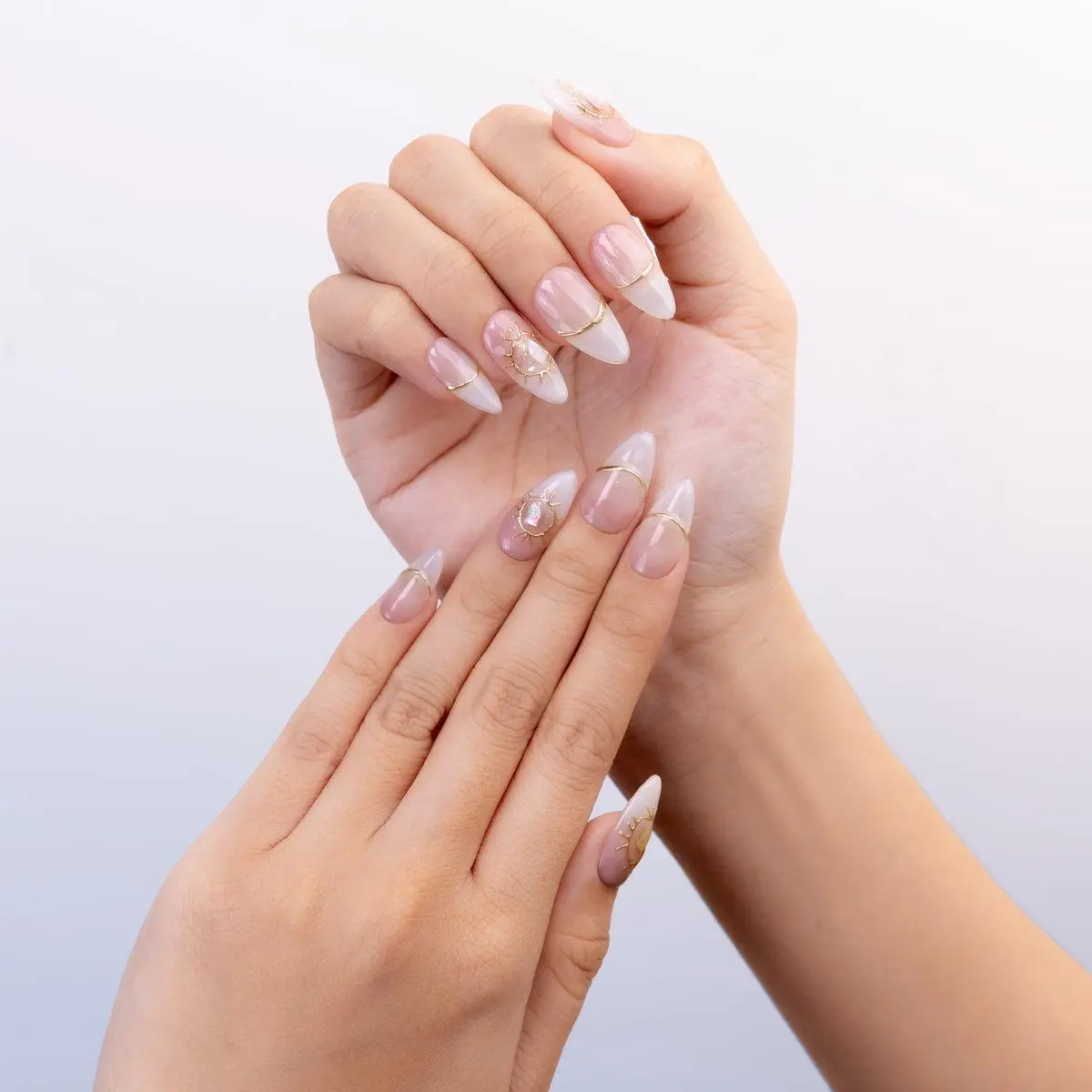 Short Almond Press On Nails - Aurora Blush Ombre, Glossy Pink and White Finish - Reusable False Nails, Siyou Aurora Blush Ombre