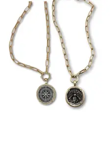 Gold Chain Necklace with Bee or Compass Pendant Choice - 16" Chain, 30mm Pendant, Matte Gold Color, Choose Your Pendant Style