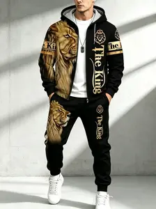 Men’s 3D digital lion print zip-up hoodie set, two-piece set with “King” lettering design, versatile everyday casual running wear
