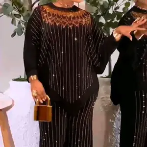 Top and Pants Trousers Womenswear Formal black withgold design Embroidered Set for Elegant Occasions