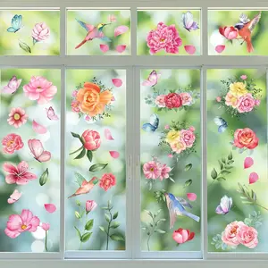 79 PCS Spring Window Clings,Spring Flower Window Clings for Glass Windows,Double-Sided Birds Floral Butterfly Window Stickers for Spring Decor (9 Sheets)