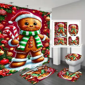 1/4 pcs Christmas-themed design with gingerbread man pattern, shower curtain set, non-slip mat, U-shaped rug, toilet seat cover, Bathroom decoration accessories, perfect for bathroom decoration, includes 12 shower curtain hooks