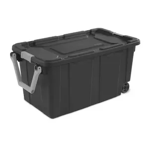 Sterilite Extra-Large Wheeled Industrial Storage Bin, 40 Gallon Durable Plastic Storage Tote with Latching Lid and Pull Handle, Dark Gray