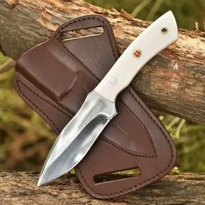 Fixed Blade Hunting Knife | White Resin Handle Grip | Sharp Steel Blade | Leather Sheath | Outdoor & Camping Use Survival Equipment Set