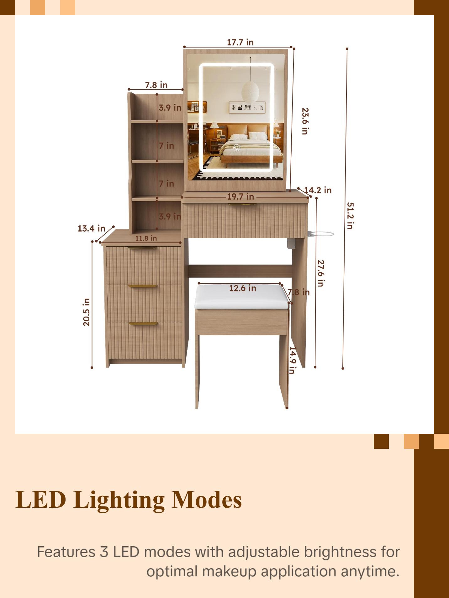 Modern Vanity Desk with LED Lighting 3 Modes & Adjustable Brightness, Makeup Table with 4 Drawers & Storage Shelves, Built-in Power Outlet & Hair Dryer Holder, Easy Assembly