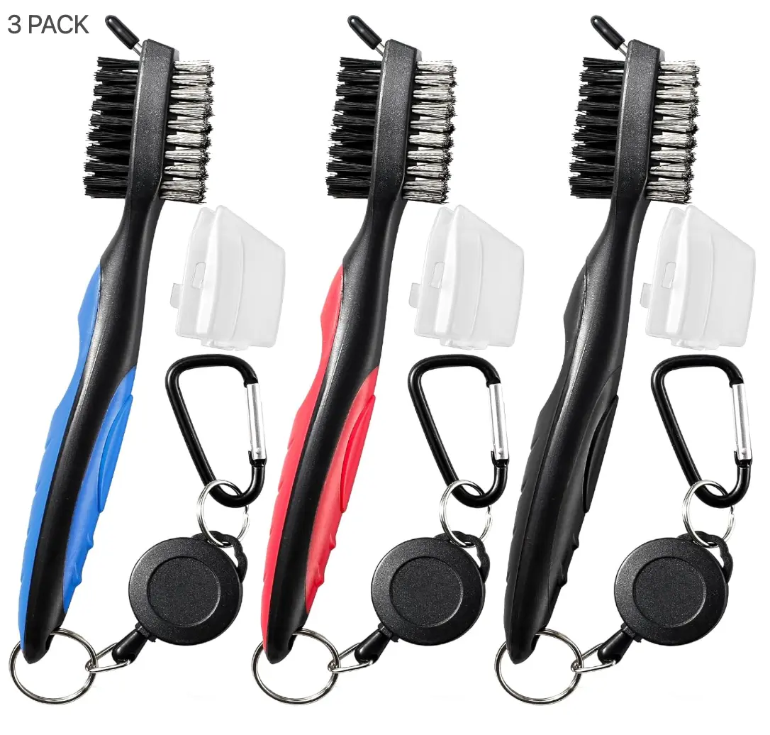 3 Pack Golf Club Brush and Club Groove Cleaner with Retractable Zip-line and Aluminum Carabiner Cleaning Tools