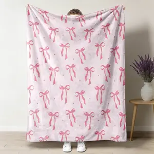 Pink Watercolor Bow Print Throw Blanket, Soft Flannel Fleece Blanket, Warm Breathable Napping Blanket for Home, Office and Travel, Cozy Bedroom Decor, Soft Blanket, Soft Comfy Blanket