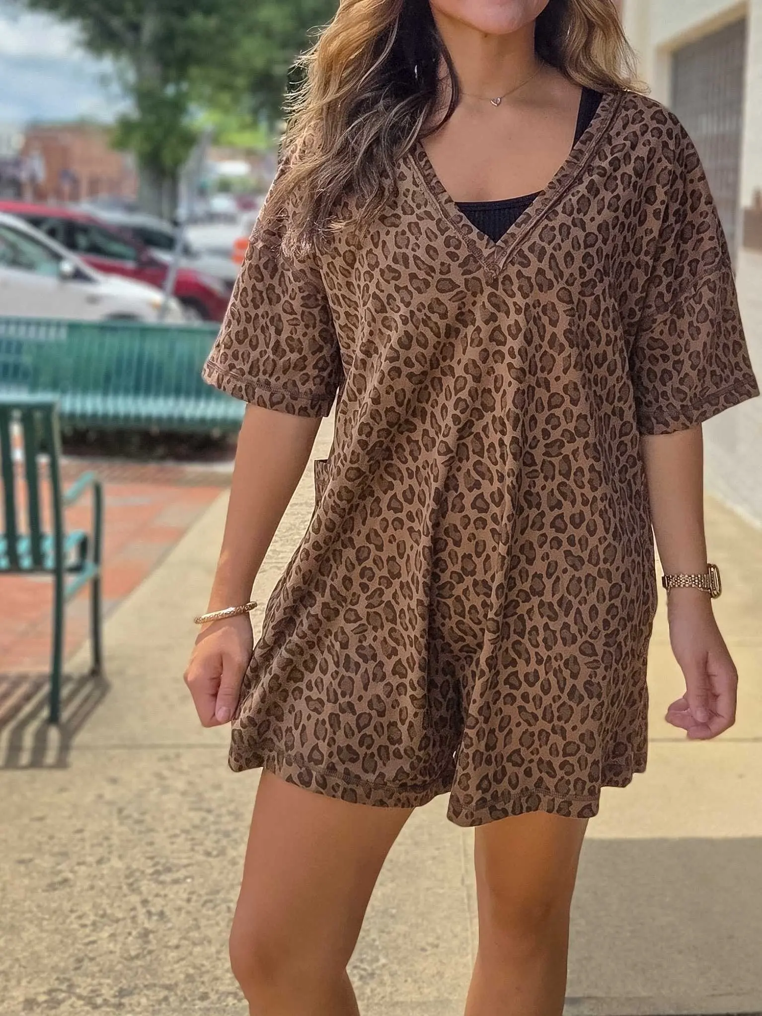 Women's Leopard Print Romper, V-Neck Oversized Fit Cotton Jumpsuit for Everyday Casual Wear, Overalls, Soft, Fabric, Breathable, Piece, Machine Wash, Poly Cotton
