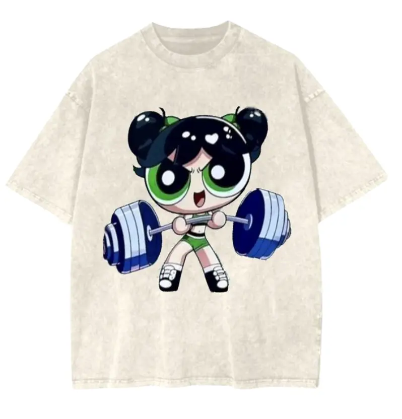 (Comfort Colors) Bubbles #Powerpuff Strong Girls T-Shirt, Cute Cartoon Weightlifting Tee, Gym Shirt, Graphic Gym Shirt, Vintage Washed Tee Conton, Gym Shirt Women, For Men, Ful Size