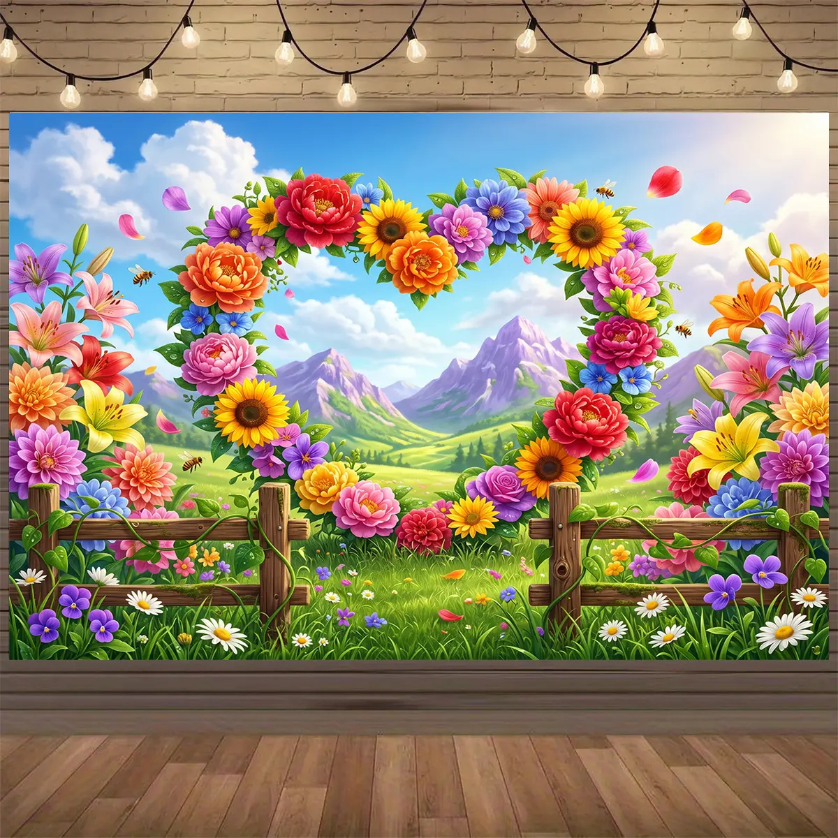 2D Flat Heart-Shaped Flower Print Fence Backdrop, Lightweight Polyester Decorative Banner, Hanging HD Colors Room Wedding Party Decor for Parties, Wedding Party Decorations