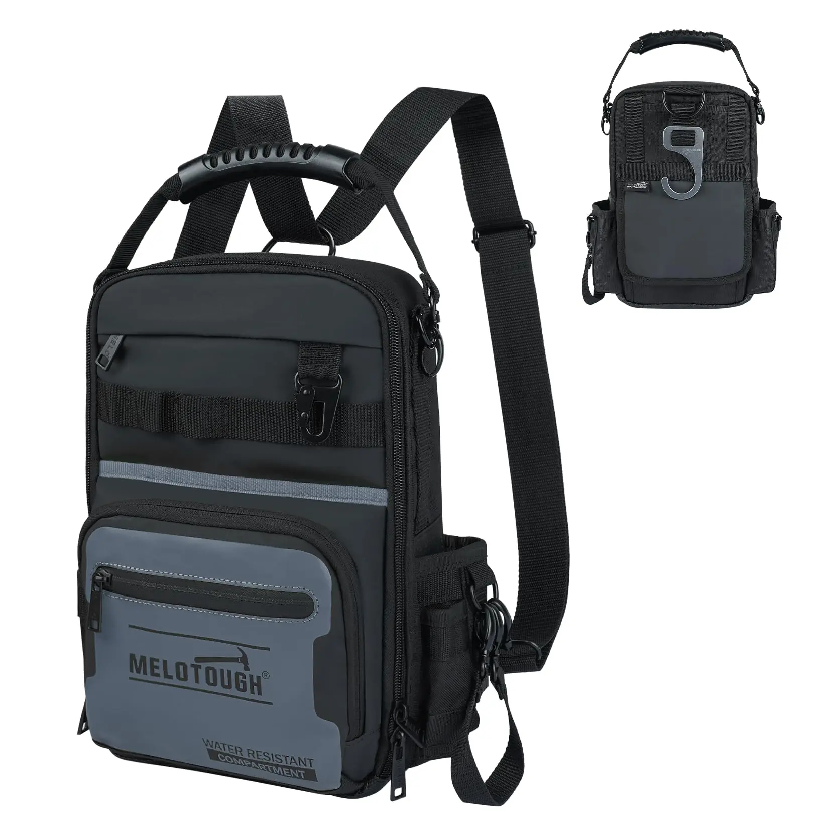 MELOTOUGH Small Tool Backpack for Men, 30 Multi-Storage Pockets Heavy Duty Tool Bag with Dual-Form Shoulder Straps, Water Resistant Grey Portable Tool Organizer for Electrician,Tool Pouch,HVAC, Technician, Work Accessories