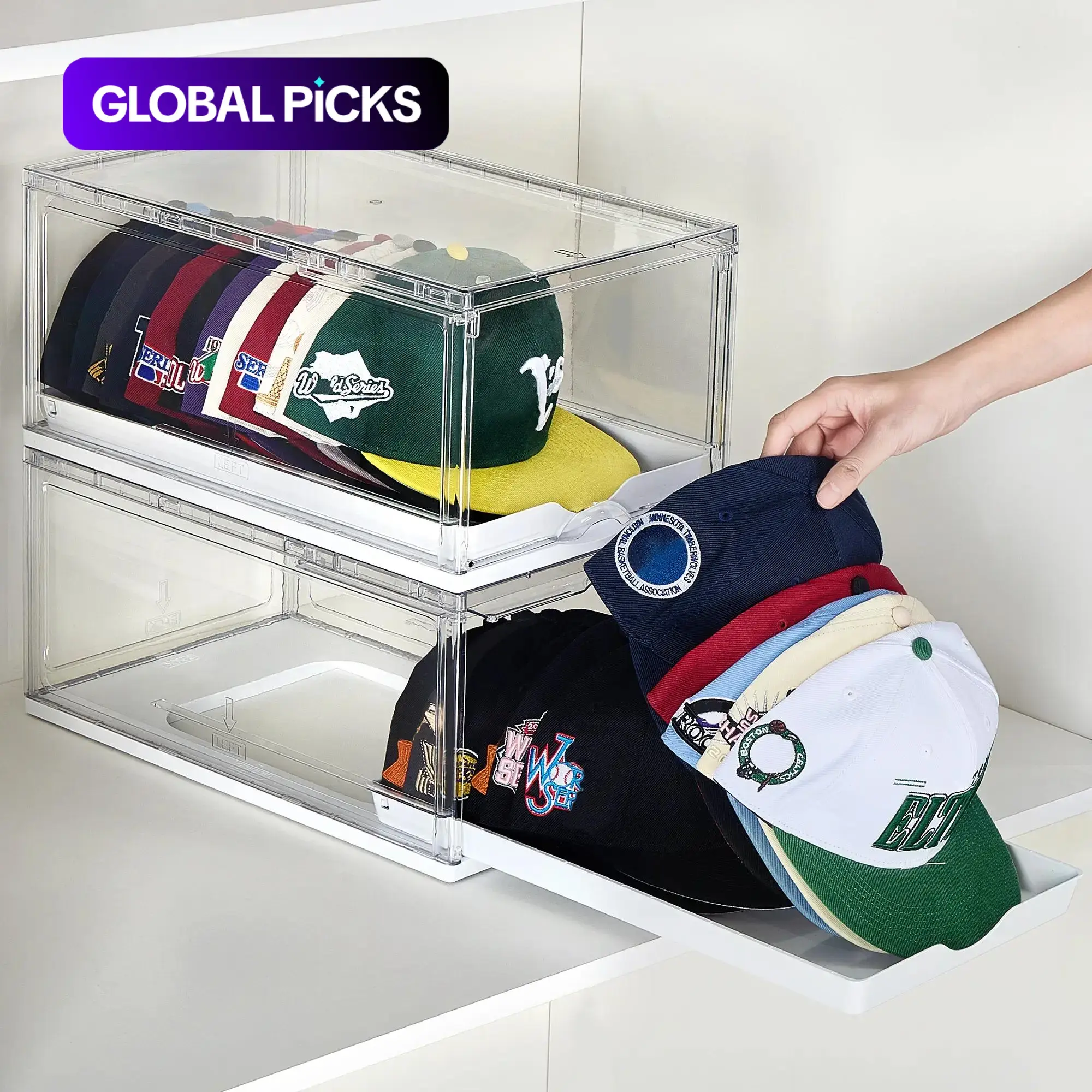 1- or 2-Pack Hat Organizer Boxes for Baseball Caps, Clear Hat Holder Box with Drawer and Sliding Tray, Stackable Display Case with Magnetic Door, Display Container, Each Box Holds up to 12 Hats #GLOBAL PICKS
