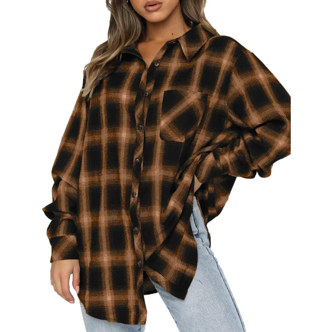 Women's Plaid Flannel Shacket, Casual Oversized Long Sleeve Button-Down Fall Blouse with Pockets, Longsleeves, Checkered Print, Plaid Check, Collared Neck, Lightweight, Loose-Fitting, Patch Pocket