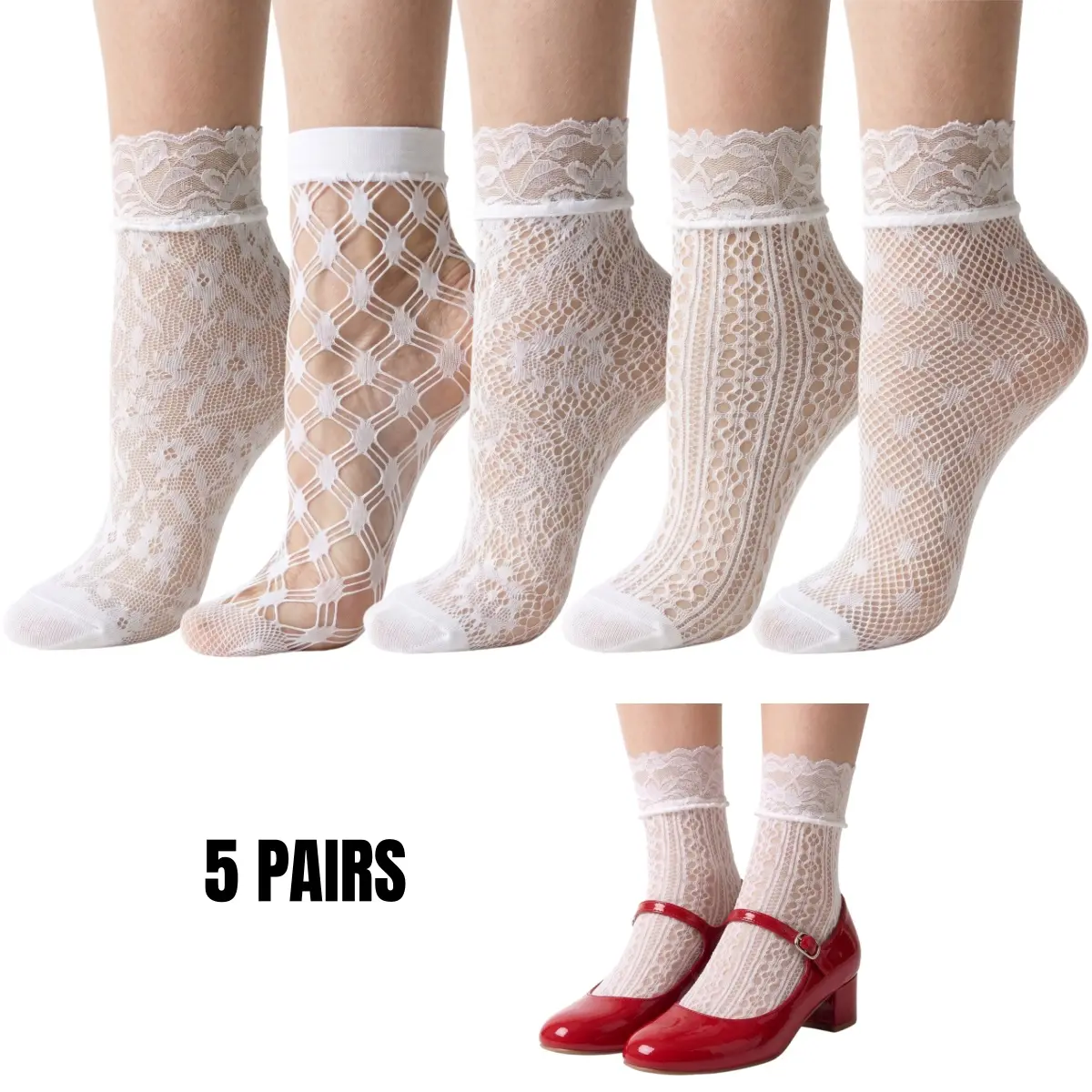 Women's 5-Pack Aesthetic Elegant Patterned Lace Anklet Socks - Stretchy Spandex, Ruffled Trim, Sheer Mesh, Seamless, Breathable, Soft, Feminine Everyday Womenswear (White), Floral/Stripe/Geometric, Mismatched Styles, Comfort & Fit
