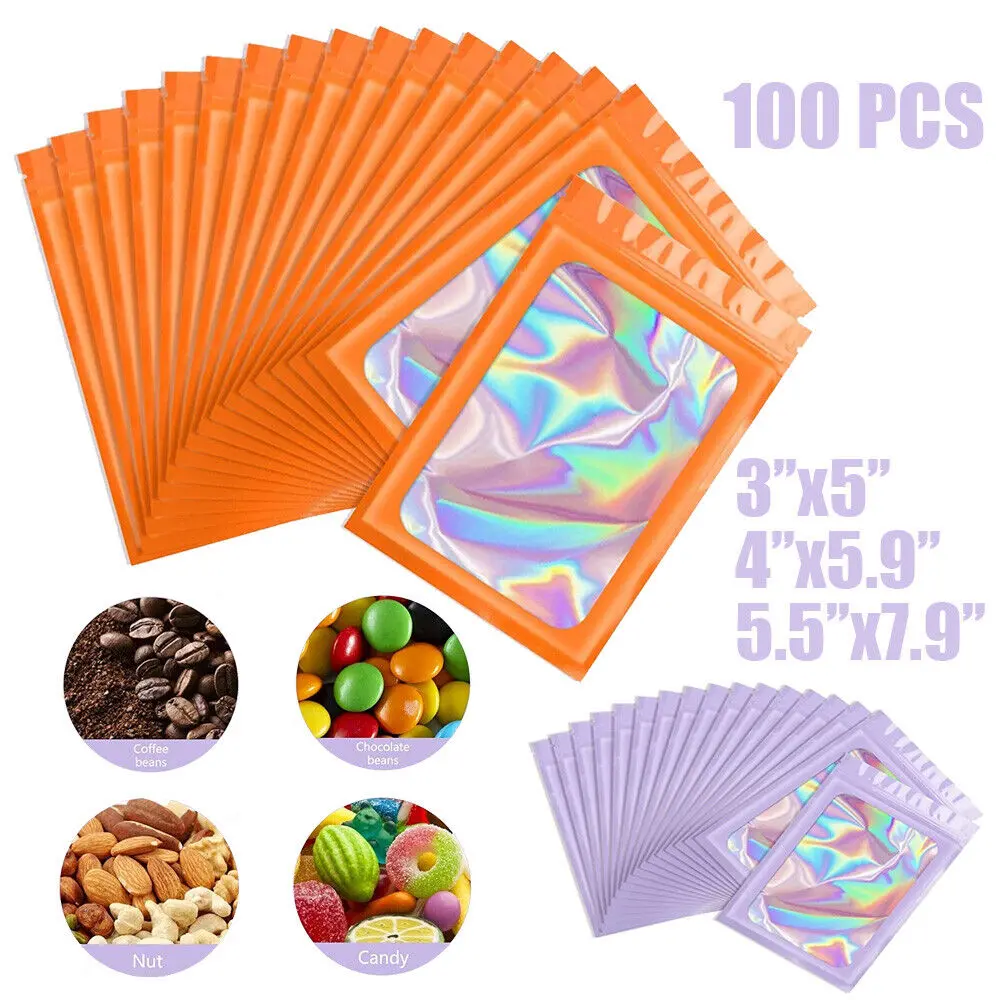 SJPACK 100Pcs Holographic Mylar Foil Bags - Waterproof, Smell Proof, Resealable Zip Seal Pouches - FDA/USDA Safe Multi-Size Orange or Purple Home Organizer for Food Storage, Party Favors