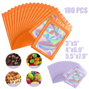 SJPACK 100Pcs Holographic Mylar Foil Bags Smell Proof Resealable Zip Seal Foil Pouches Orange Or Purple Accessory Organiser