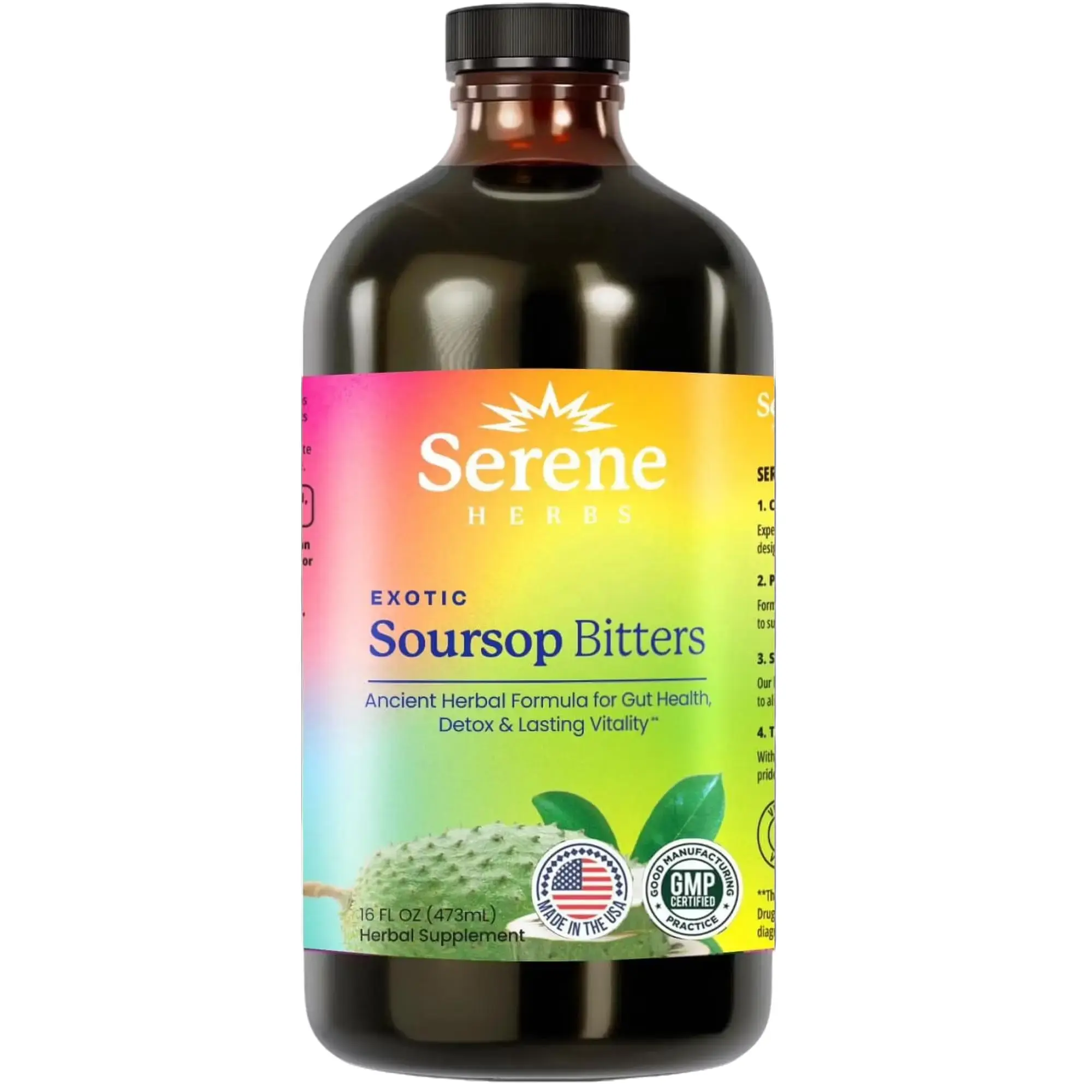 Serene Herbs Organic Soursop Bitters Liquid Natural Supplement - With Black Seed, Moringa, Ginger - Aids Daily Gut Support, Detox Support, Digestive Wellness, Immune Function, Body Health - 16 fl oz