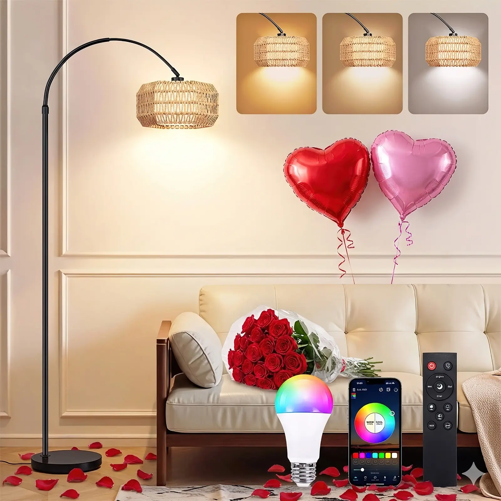 [Summerwins] LED RGB Boho Floor Lamp with App/Remote/Foot Switch Control, Stepless Dimmable Arc Rattan Tall Standing Light with 3 Color Temperature, Adjustable Head, Over the Couch Reading Lamp for Living Room, Bedroom, Office, Farmhouse