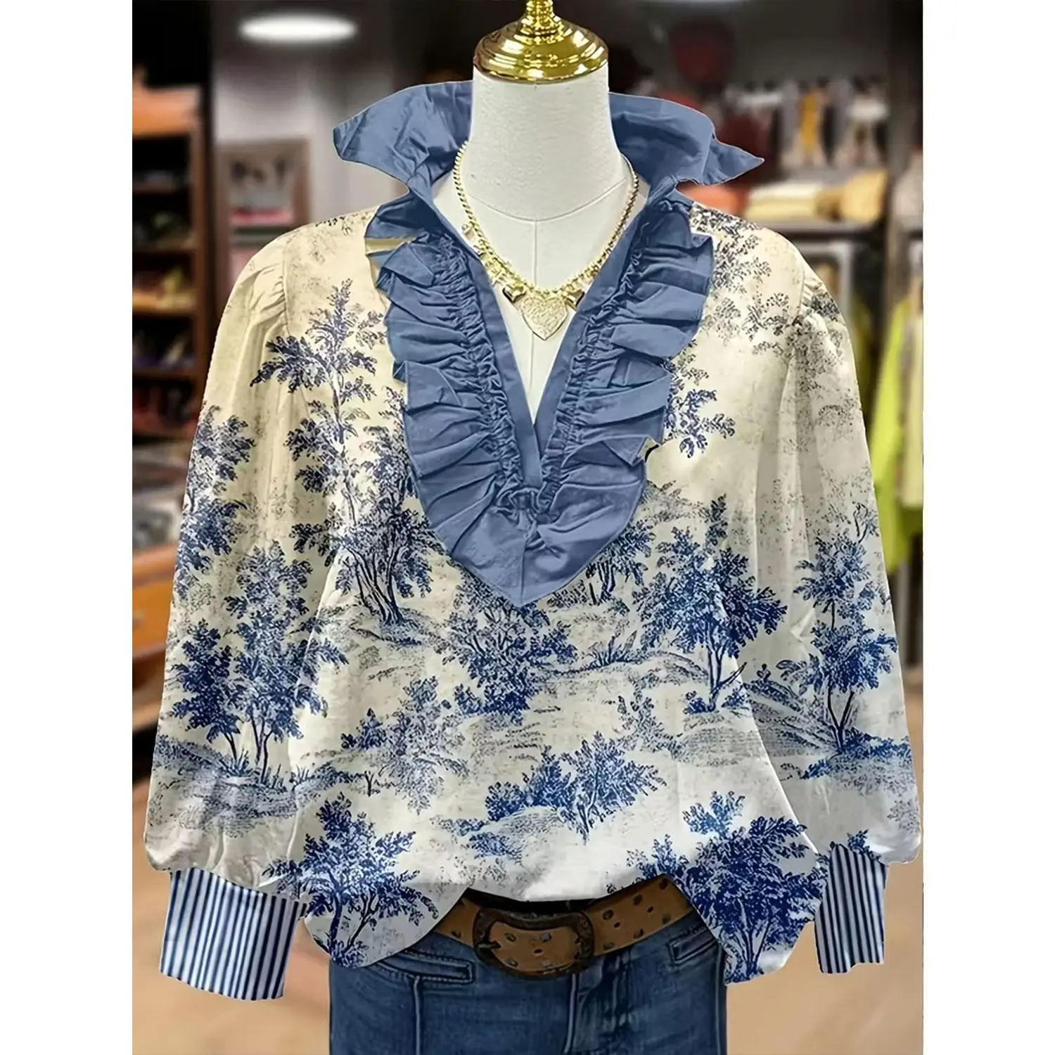 Women's Casual Boho Floral Printed Cotton Blouse - Long-Sleeve V-Neck, Loose-Fitting, Ruffled & Striped Detailing, Ultra-Lightweight Classic Blue Top for Spring & Summer Casual Commuting