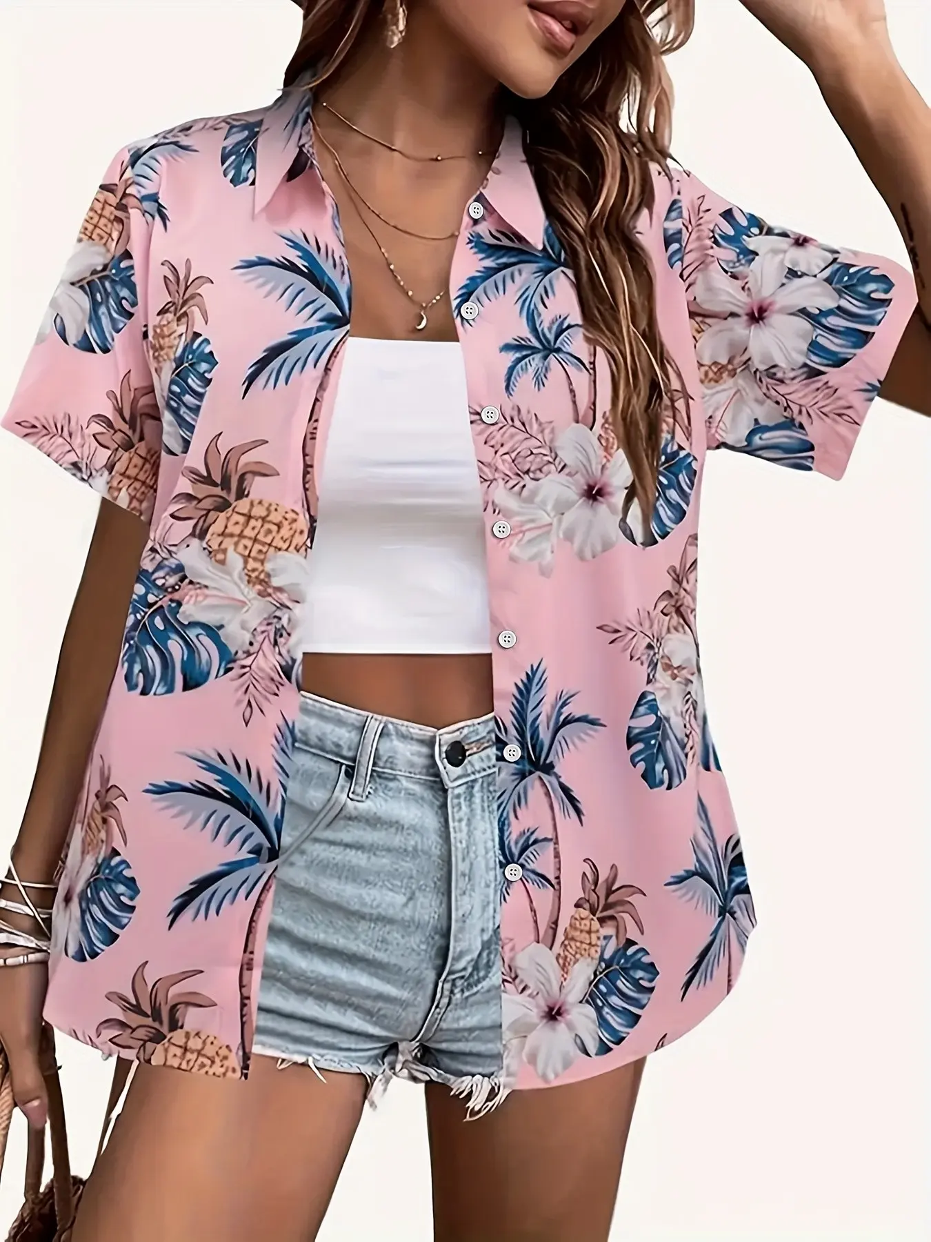 Women's Hawaiian Tropical Floral Print Short Sleeve Button Shirt Blouse, Boho Floral Pattern, Lightweight Casual Vacation Style, Summer Beach Wear, All Seasons, Button Down Blouses