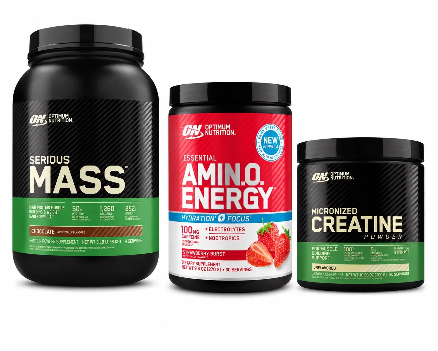 Optimum Nutrition Fitness Dietary Supplement Multi-Pack Bundle - Serious Mass Protein Powder, Amin.O. Energy, Micronized Creatine, Fitness for Everyone