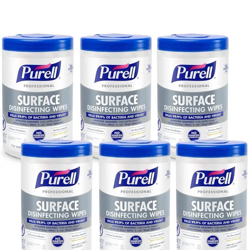 PURELL Professional Surface Disinfecting Wipes Citrus Scent 110 Count Canister 7"x 8" Wipes Pack of 6 9342-06 No Harsh Chemical