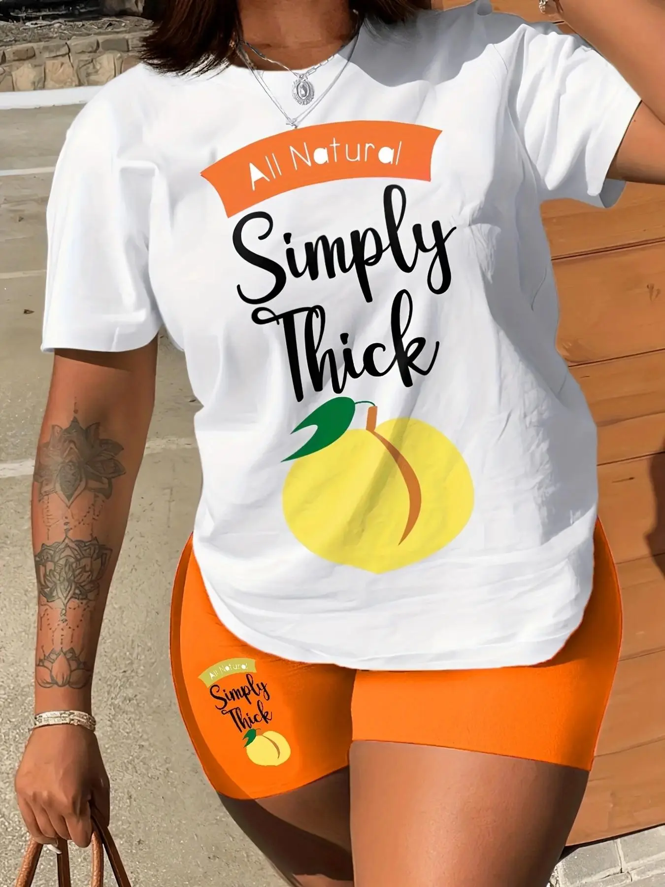 Women's Short Sleeve Graphic Tee & Skinny Shorts 2-Piece Stretchy Outfit, Fruit Letter Print Round Neck T-Shirt & Shorts, Back-to-School Casual Summer Outfits for Daily and Vacation Wear Clothes