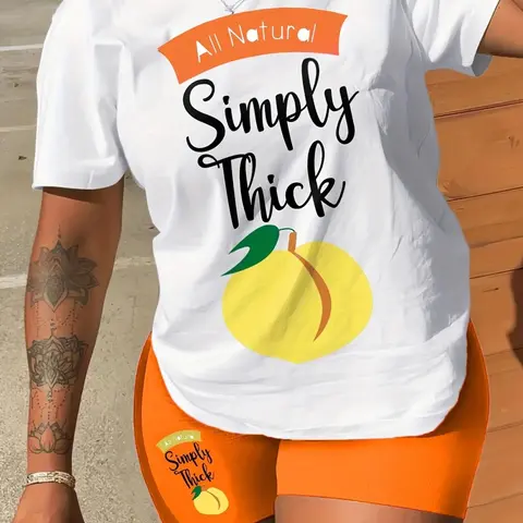 Women's Short Sleeve Graphic Tee & Skinny Shorts 2-Piece Stretchy Outfit, Fruit Letter Print Round Neck T-Shirt & Shorts, Back-to-School Casual Summer Outfits for Daily and Vacation Wear Clothes