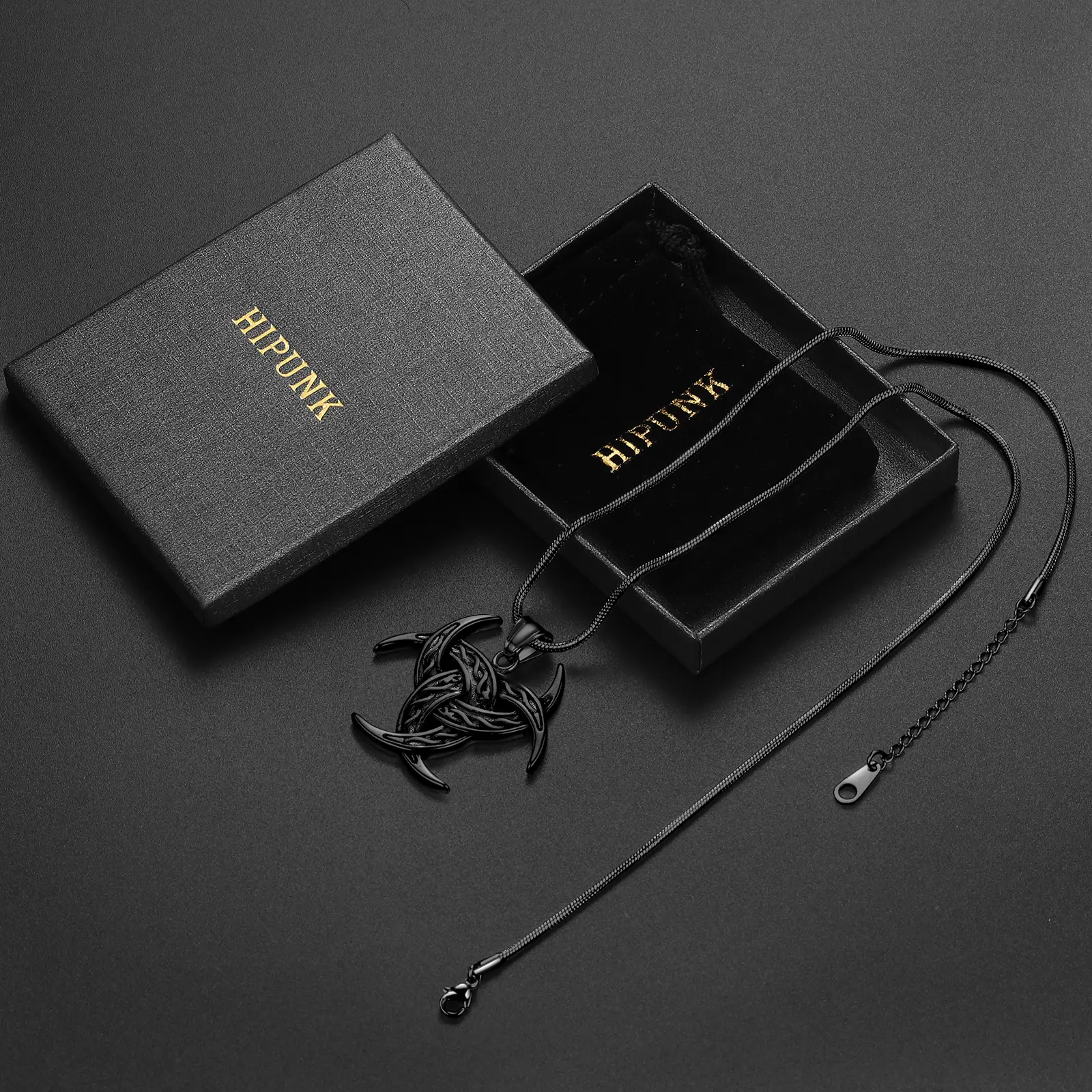 HIPUNK Gothic Viking Necklace for Men - 316L Stainless Steel Celtic Knot Triskelion Amulet Pendant, Black Layered Chain, Viking Pendant Design, Halloween Aesthetic, Unisex Men's Costume Jewelry, Meaningful Themed Gift, Necklaces, Versatile Chain Options,,