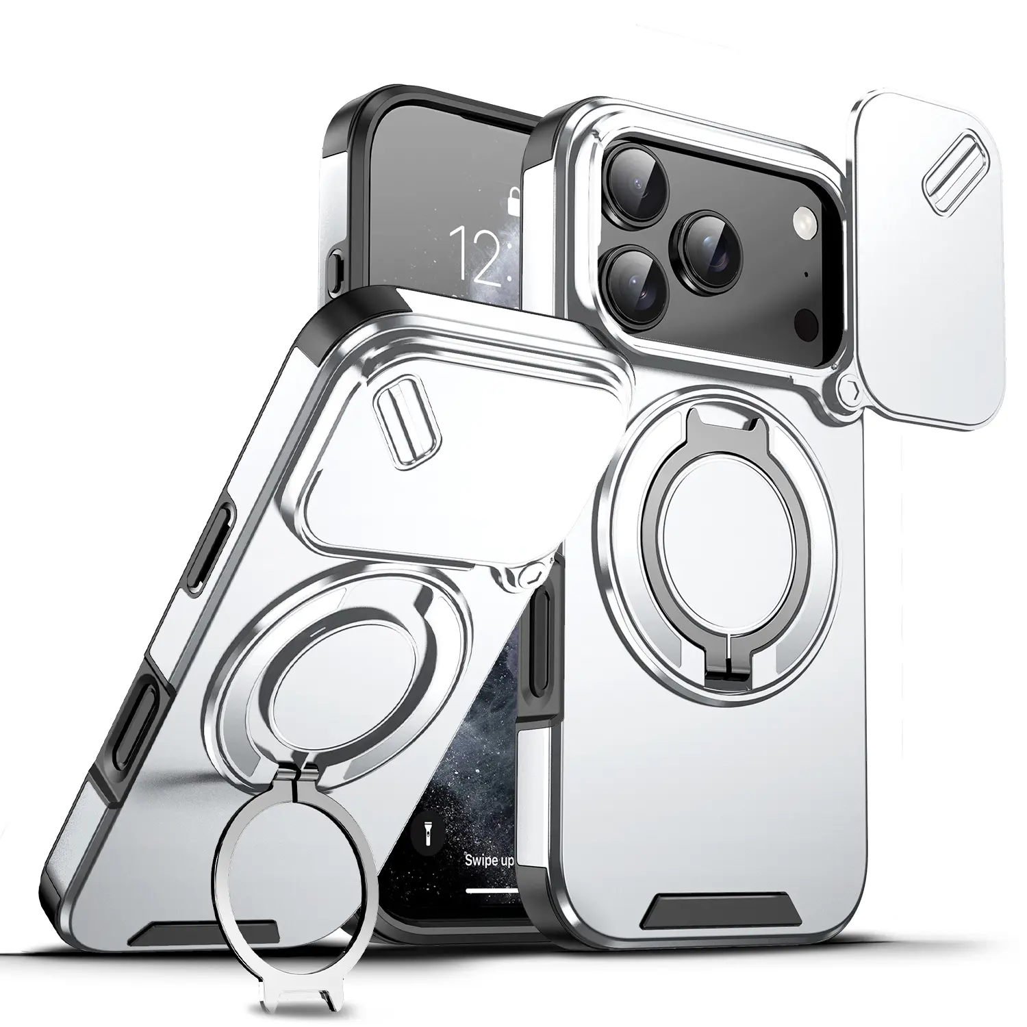 Magnetic Ring Case for iPhone 17 Pro Max 16 15 14 13 Pro Max, compatible with Magsafe, Rotating Stand Holder with Slide Camera LensProtection Cover
