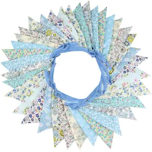 10M/32Ft Triangle Bunting Banner, 36 Pcs Cotton Fabric Flags Pennant Garlands for Birthday Party, Wedding, Baby Shower, Outdoor and Home Decorations (Blue)