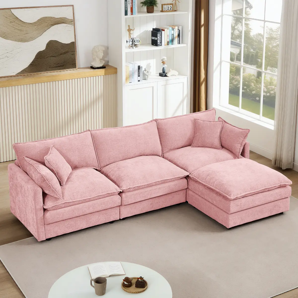 [Mother's Day Gift] Aobtkel 102in 3-Seater Modular L-Shaped Cloud Couch, Chenille Blush Pink DIY Combination Sectional Sofa with Movable Ottoman, Indoor Living Room Furniture (Modular Layouts, Chenille Fabric), Coil Spring