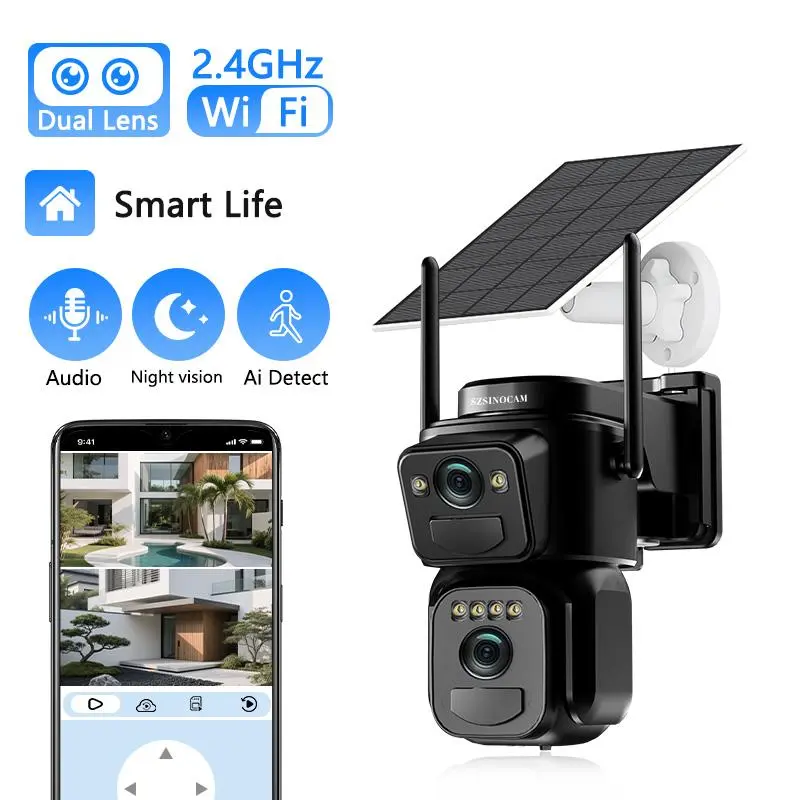 BEENOCAM Outdoor Solar Security Camera 2K 2.4GHZ WiFi Dual Lens | 24H Solar Power, 360° PTZ Dual Screen, Color Night Vision, IP66 Waterproof Spotlight Alarm Cam