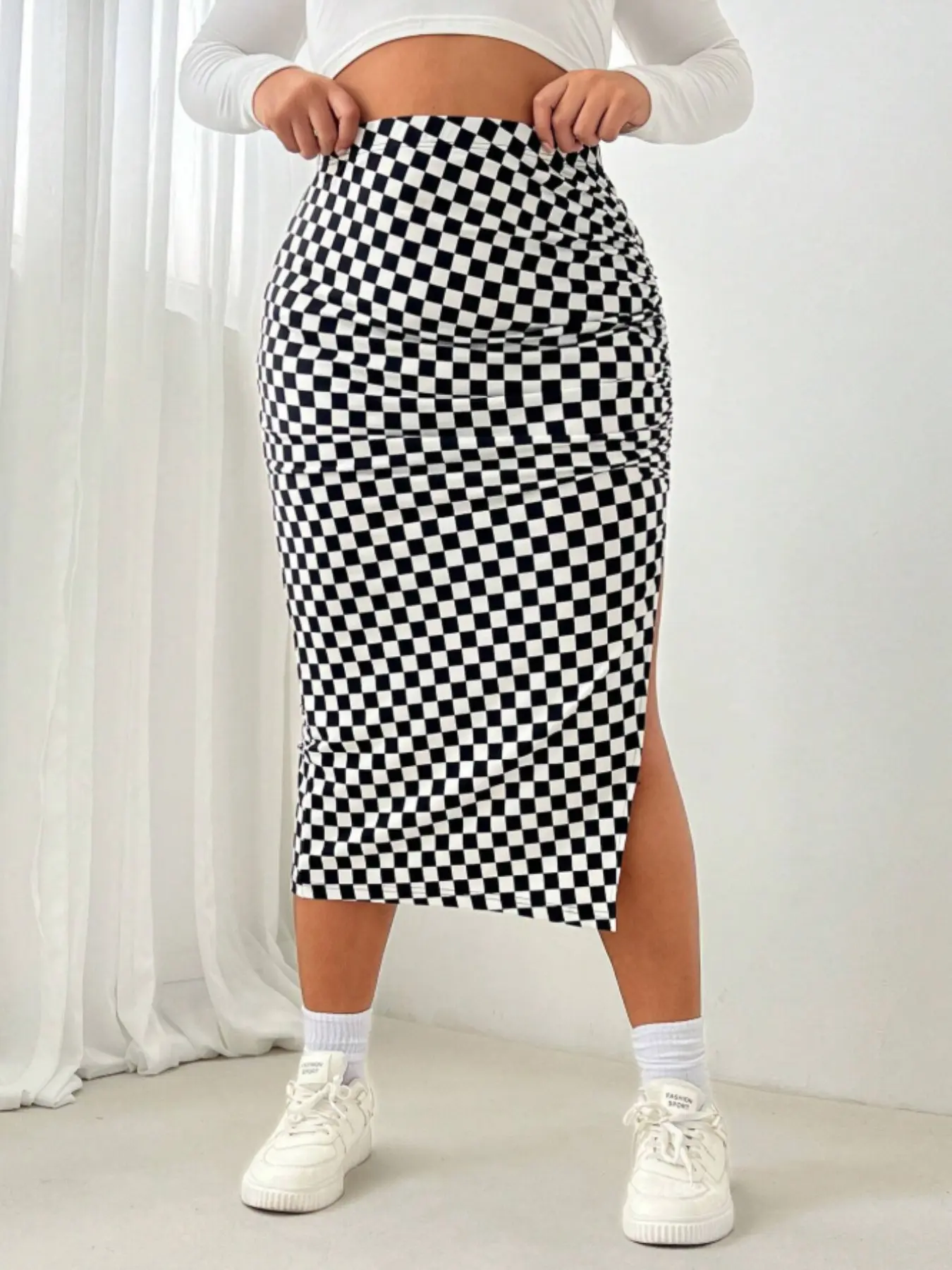 Plain Versatile Plaid High Waist Shrink Wrap Bodycon Fit Skirt, Fashionable and Comfortable, Casual, Casual Comfy Skirt, Perfect for Daily Wear Everyday, Womenswear